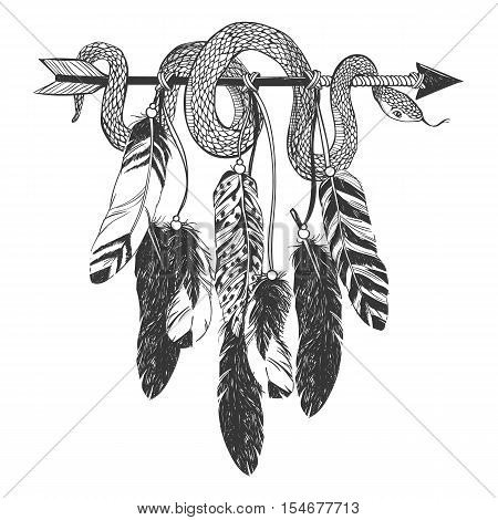 Dreamcatcher with arrow, feathers and snake. Native American Indian talisman. Vector hand drawn hipster illustration isolated on white background. Boho design, tattoo art, coloring book for adults.