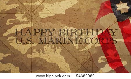 Happy Birthday US Marine Corps Flag and Camouflage Background