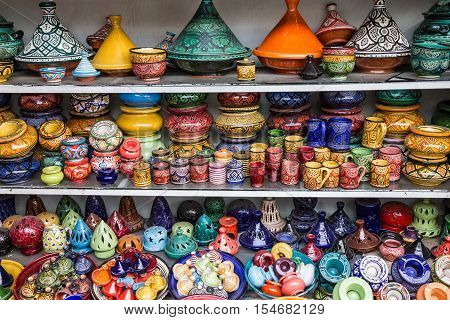 Ceramicl utensil on Moroccan souvenir shop, tajines