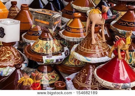 Ceramicl utensil on Moroccan market, African tajines