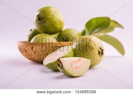 Guava fruit or Amrood or Amrud or peru isolated, selective focus