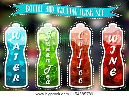 Bottle and vacuum flask set. Water bottle, Green tea, Coffee, Mulled wine vacuum flask. Drinks for camping, hiking, picnic. Tourist drinks
