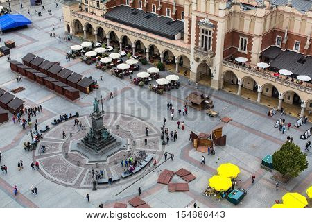 KRAKOW, POLAND - SEP 20, 2016: Top view of a historic buildings in the Old Sity. Krakow has been awarded a number of top international rankings such as the 1st place in the Top city-break destinations