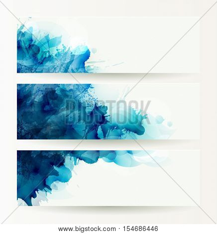 set of three banners, abstract headers with blue deliquescent blots