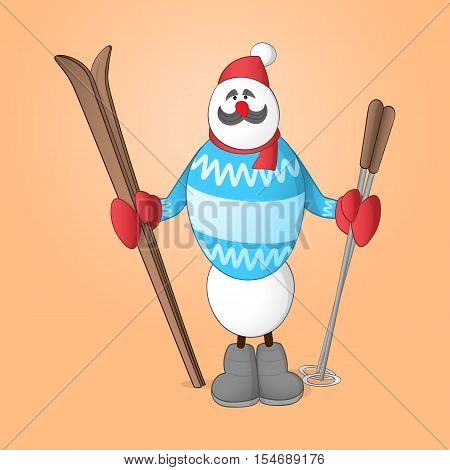 Sportsman Snowman with skis and ski poles in his hands dressed in blue sweater