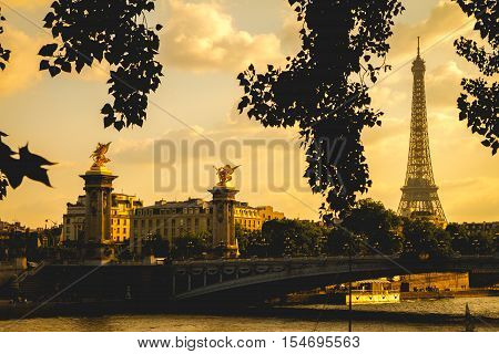 View of Paris from beside river Seine
