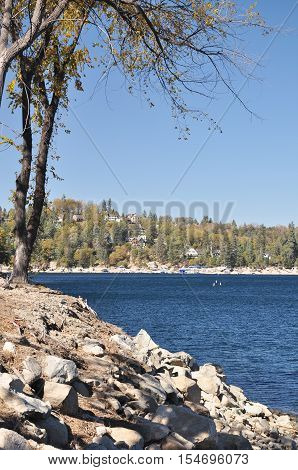 Shoreline view of Lake Arrowhead in Southern California.