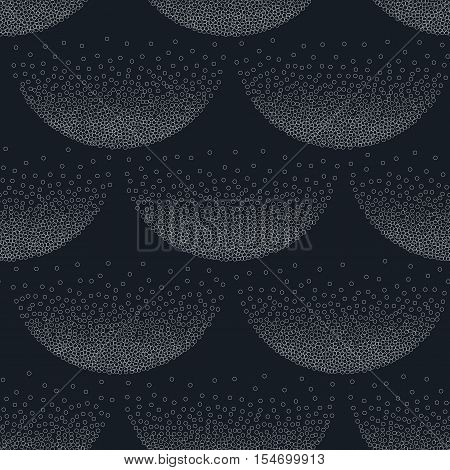 Seamless geometric vector pattern with shapes overlaping each other in rows. Black and white background. Stipple effect repeating texture. Minimalisic wallpaper.