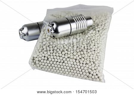 Grenade with balls for Airsoft weapon on a white background. airsoft game
