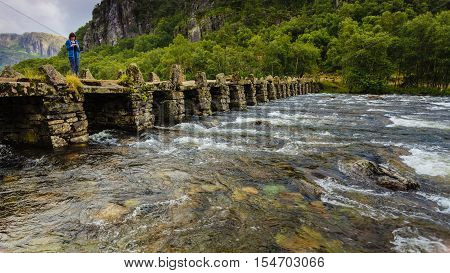 Tourist Woman On Bridge Terland Klopp In Norway