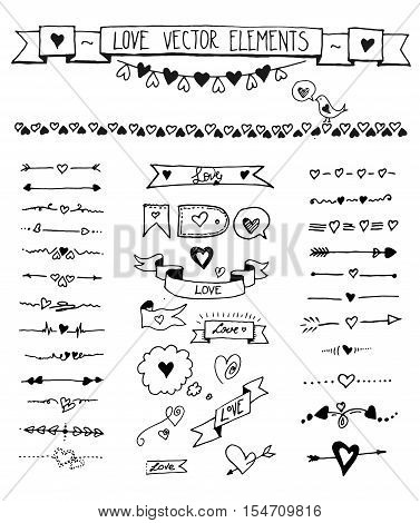 Big set of doodle sketch hand drawn heart elements. This set will be helpful while creating wedding and bridal shower invitations, cards, patterns, web projects, postcards and more.