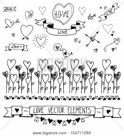 Set of hand drawn decorative hearts, ribbons, dividers, buntings, design elements. This set will be helpful while creating wedding and bridal shower invitations, cards, patterns, web projects, postcards and more.