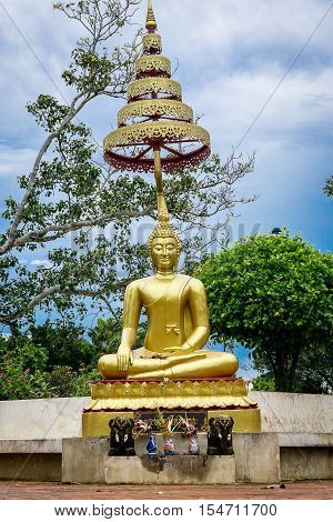 The budha in thai tample at the outdoor.