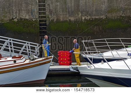 Fisherman working in Eyemouth harbour Berwickshire in Scotland UK. 07.08.2016