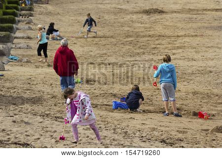 Tourists having fun in Eyemouth in Scotland UK. 07.08.2015