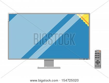 Modern LCD TV with remote control isolated on white background vector illustration. Household appliances in flat design. Home electro technics. LED television monitor. Plasma panel.
