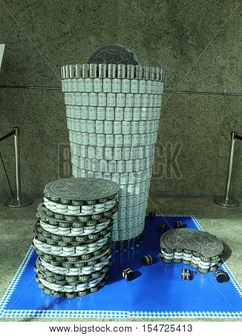 UNIONDALE, NEW YORK - NOVEMBER 1, 2016: Food sculpture presented at 10th Annual Long Island Canstruction competition in Uniondale. Teams build large scale sculptures out of canned food for food drive