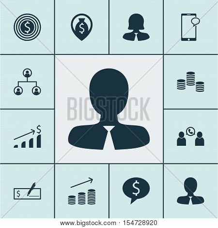Set Of Human Resources Icons On Business Woman, Money And Phone Conference Topics. Editable Vector I