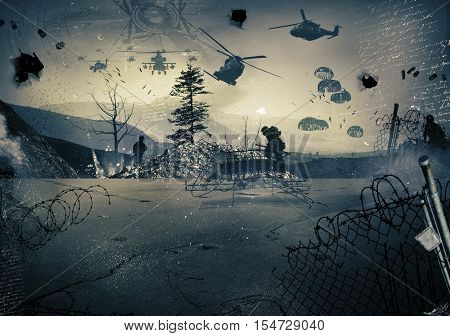 Background of a landscape at war with military helicopters in the sky