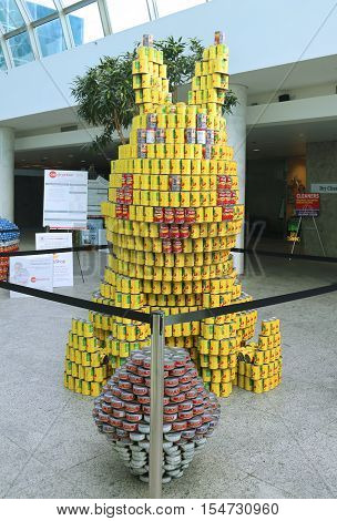 UNIONDALE, NEW YORK - NOVEMBER 1, 2016: Food sculpture presented at 10th Annual Long Island Canstruction competition in Uniondale. Teams build large scale sculptures out of canned food for food drive