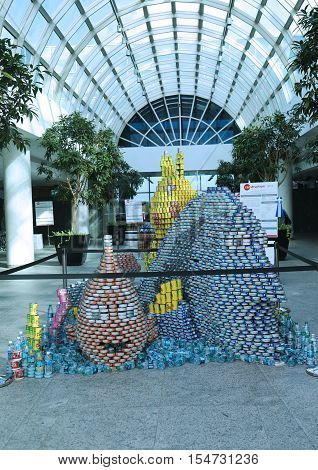 UNIONDALE, NEW YORK - NOVEMBER 1, 2016: Food sculpture presented at 10th Annual Long Island Canstruction competition in Uniondale. Teams build large scale sculptures out of canned food for food drive