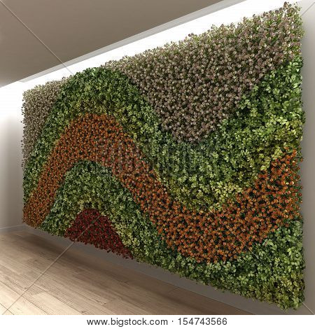 Vertical garden, green wall, interior design, 3d illustration