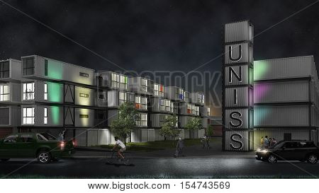 Campus at night, exterior design, 3d illustration
