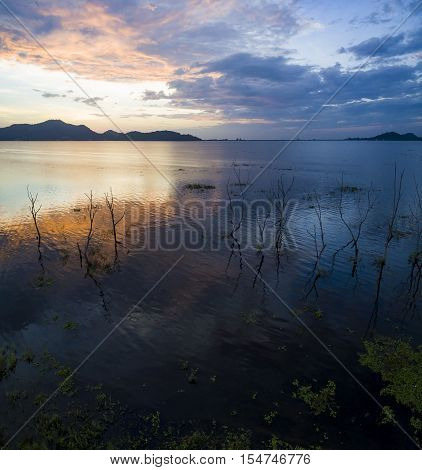 beautiful scenic of Bangpra reservoir dusky time in chonburi eastern thailand