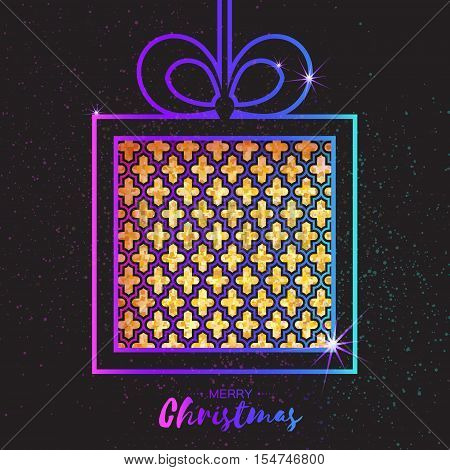 Christmas Greeting card. Gold glitter gift box with bow. Happy New Year on black background with symmetry ornament. Vector design illustration