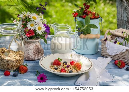 Breakfast with oatmeal fruit and milk on old table