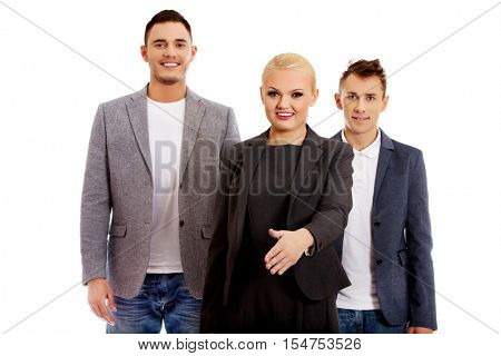 Business team-two man and woman ready to hand shake