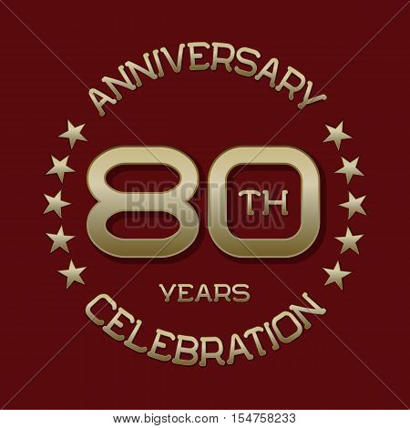 80th anniversary celebration logo symbol. Golden circular editable emblem on red.