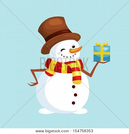 christmas white snowman in hat and scarf with winter xmas present for celebration new year vector illustration.