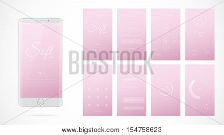 Modern UI GUI screen vector design for mobile app with UX and flat web icons. Wireframe kit for Lock Screen Login page Enter Passcode User call Application Loading Text Messages and Stats Chart.