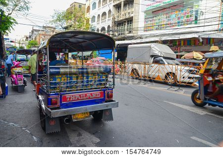 Bangkok Thailand - June 14 2013:Tuk Tuk Thai traditional taxi in Bangkok Thailand