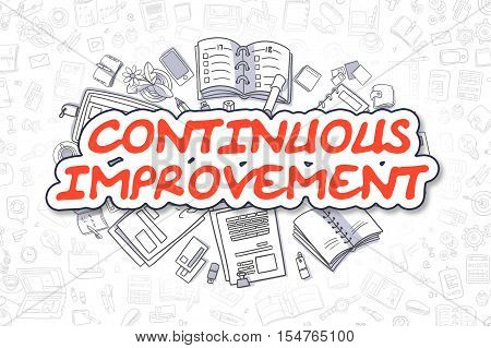 Continuous Improvement Doodle Illustration of Red Word and Stationery Surrounded by Doodle Icons. Business Concept for Web Banners and Printed Materials.