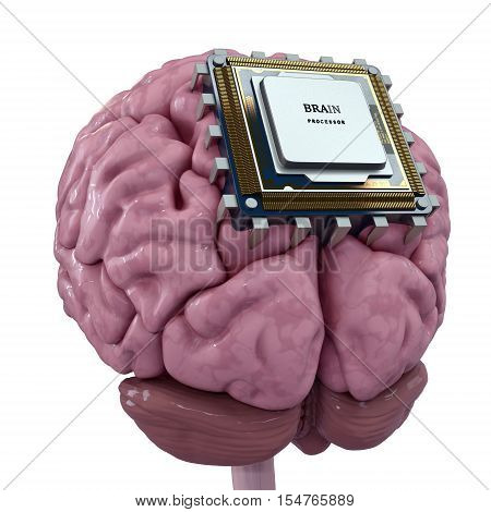 Human brain with computer processor isolated on white. Concept 3d render illustration