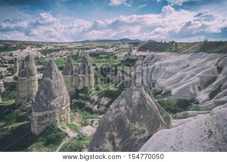 Famous Love valley in Cappadocia, Turkey, toned like Instagram filter