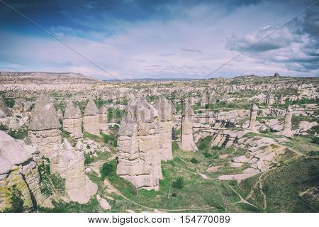 Famous Love valley in Cappadocia, Turkey, toned like Instagram filter