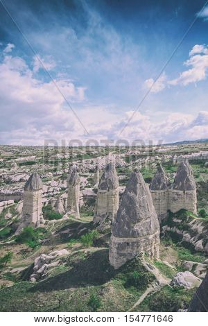 Famous Love valley in Cappadocia, Turkey, toned like Instagram filter