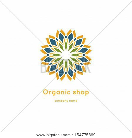 Beautiful circular logo for organic products, cosmetics, boutique, flower shop.Eco shop. Vector vintage mandala logo. Kaleidoscope flower.