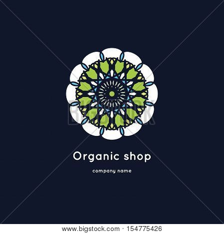 Beautiful circular logo for organic products, cosmetics, boutique, flower shop.Eco shop. Vector vintage mandala logo. Kaleidoscope flower.