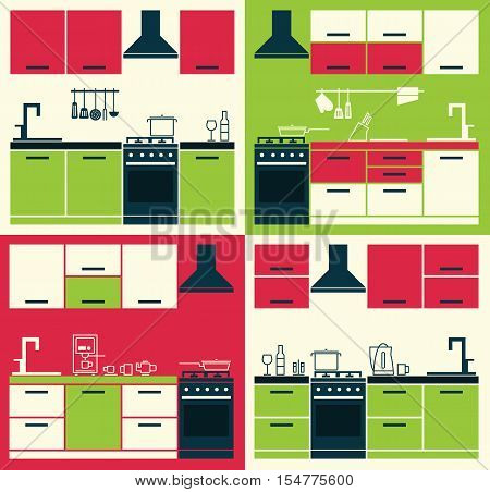Modern Kitchen Interior. Vector Kitchen Cabinets. Vector Illustration of Modern Kitchen Cabinets and Household Equipment in Line Style. Banner or Flyer with Kitchen Cabinets.