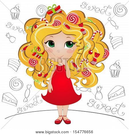 Cute ginger girl with candies. Greeting Card for your birthday design