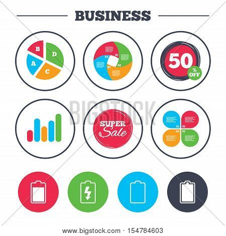 Business pie chart. Growth graph. Battery charging icons. Electricity signs symbols. Charge levels: full, empty. Super sale and discount buttons. Vector