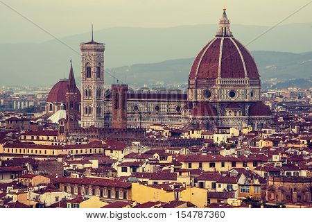 Duomo Santa Maria Del Fiore and Bargello view from Piazzale Michelangelo in Florence, Tuscany, Italy. Outdoor travel european background.