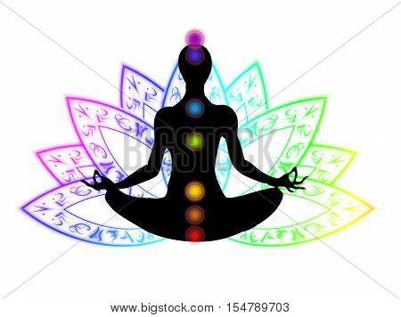 Yoga meditation sitting in lotus position on the white baskground