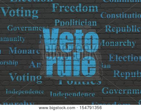 Politics concept: Painted blue text Veto Rule on Black Brick wall background with  Tag Cloud