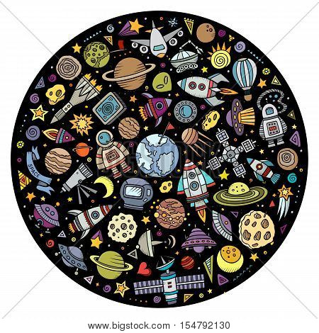Colorful vector hand drawn set of Spacel cartoon doodle objects, symbols and items. Round composition