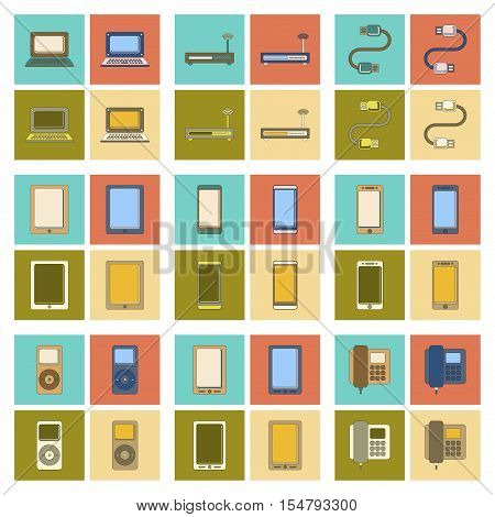 assembly of flat icon Wi fi modem mobile phone gadget usb cable music player laptop